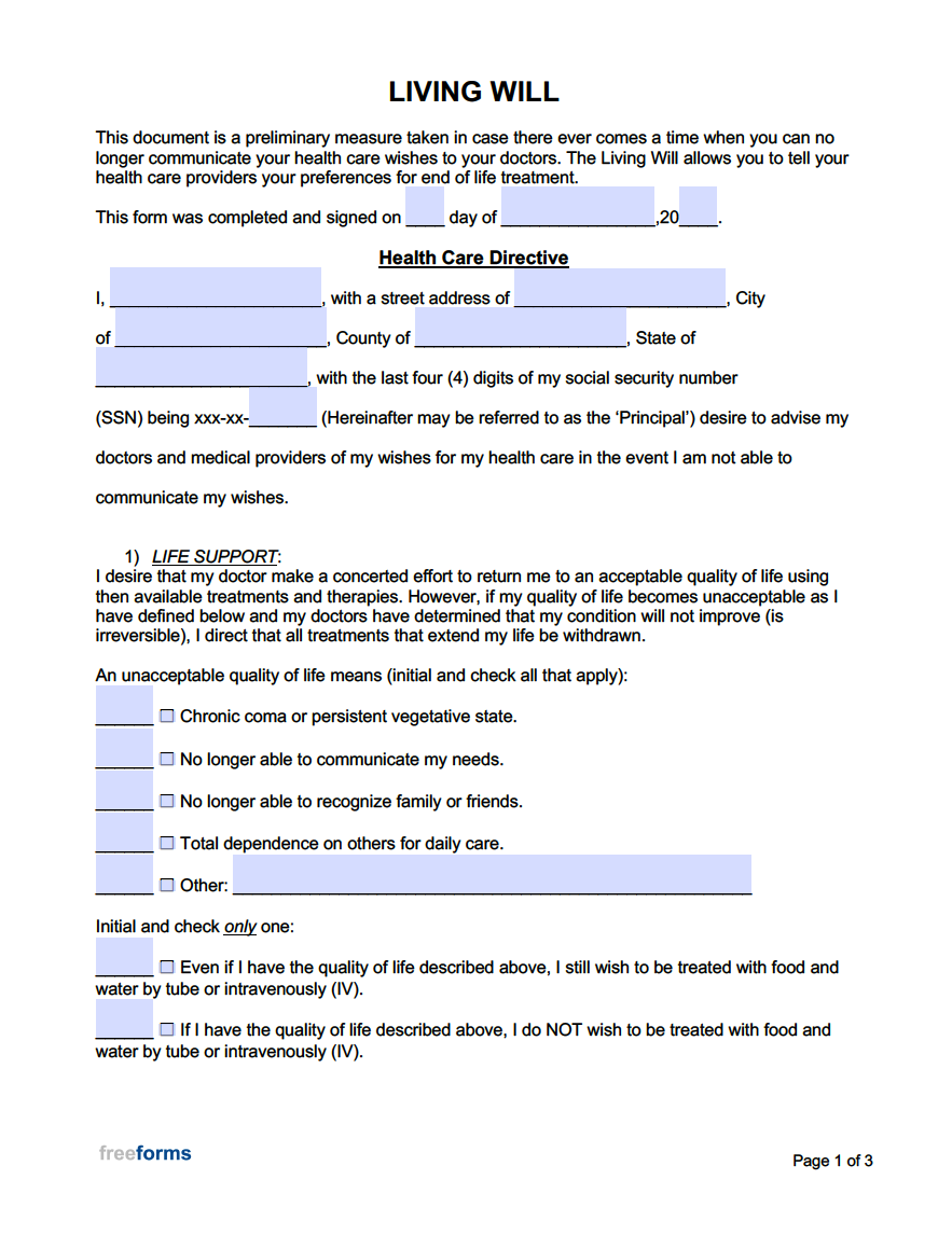 Free Living Will Forms PDF WORD