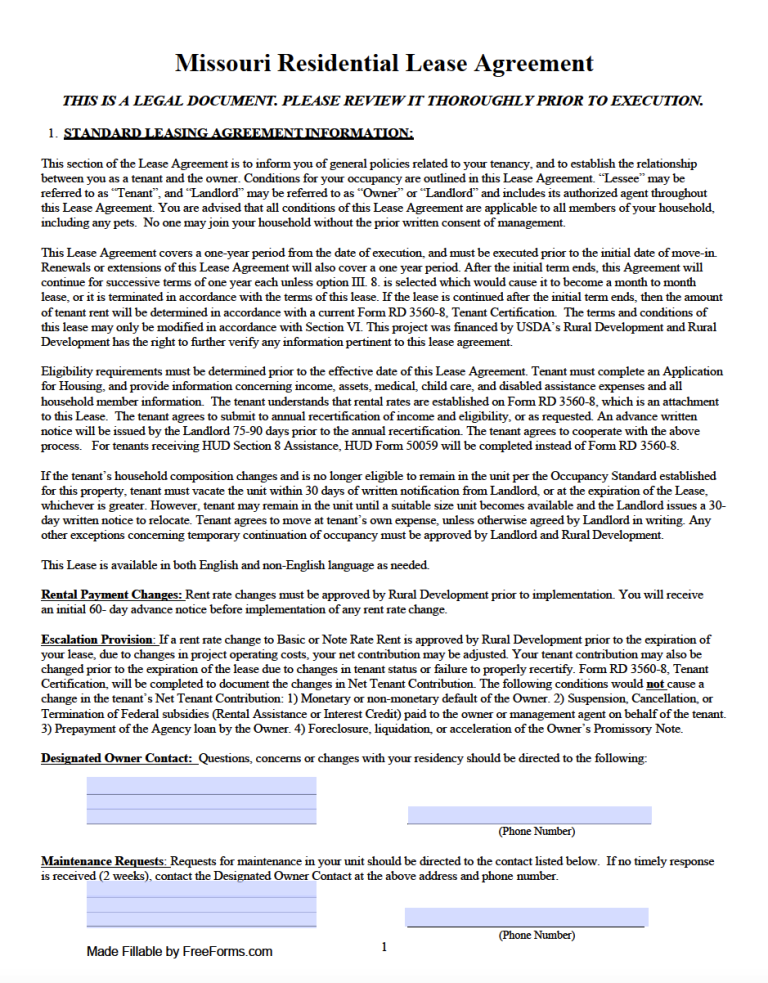 Free Missouri Standard Residential Lease Agreement Template PDF WORD   Missouri Association Of Realtors Residential Lease 768x983 