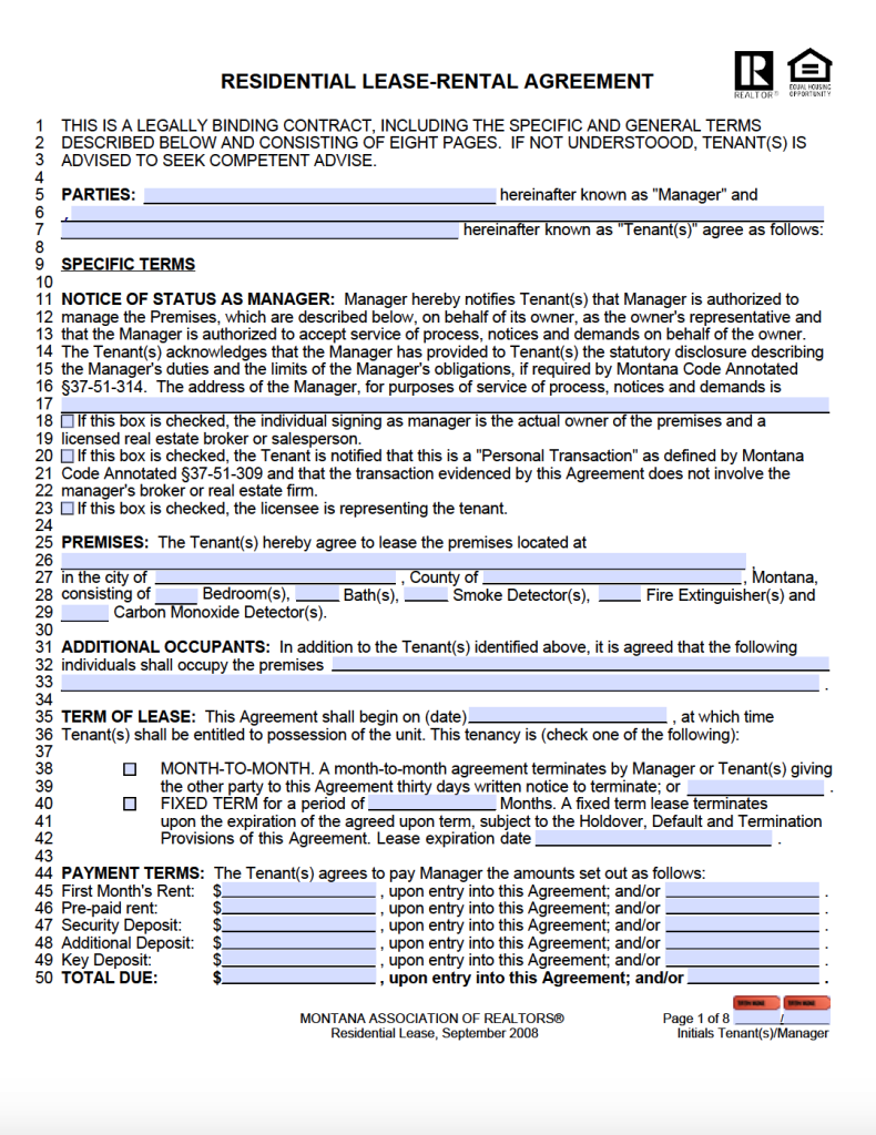 Free Montana Rental Lease Agreement Templates | PDF | WORD