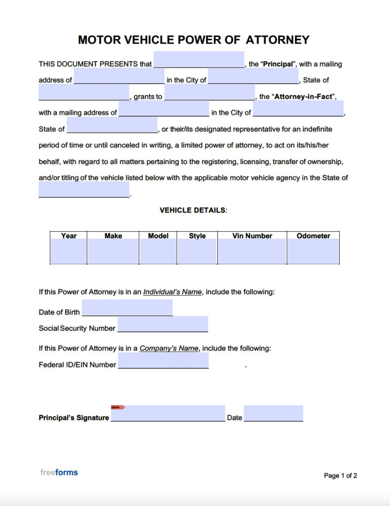 Free Motor Vehicle Power Of Attorney Forms PDF WORD