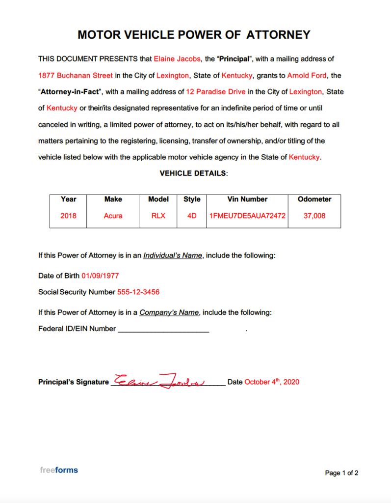 Free Motor Vehicle Power Of Attorney Forms Pdf Word