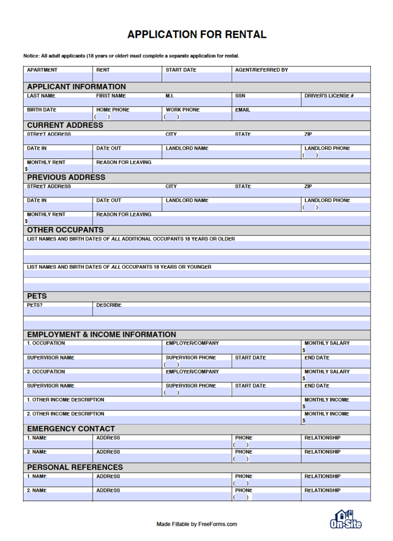 Free Residential Rental Application Form PDF WORD