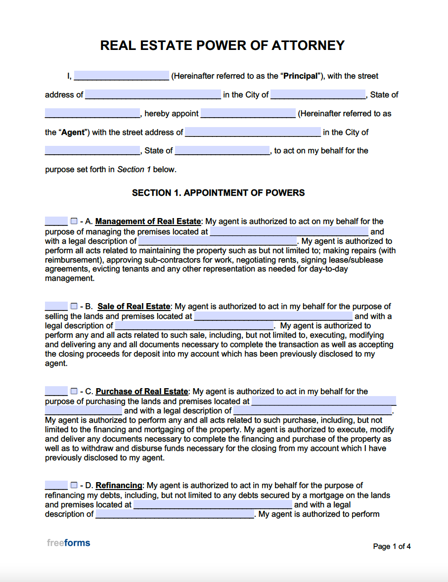 Free Real Estate Power of Attorney Forms PDF WORD