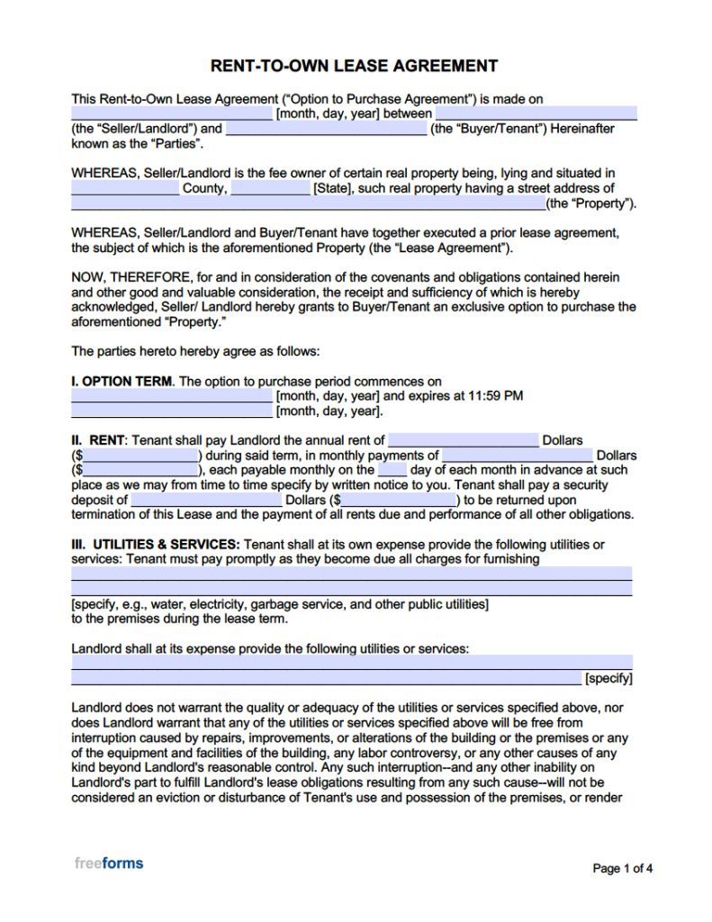 Free Rent to Own Lease Agreement Template PDF WORD