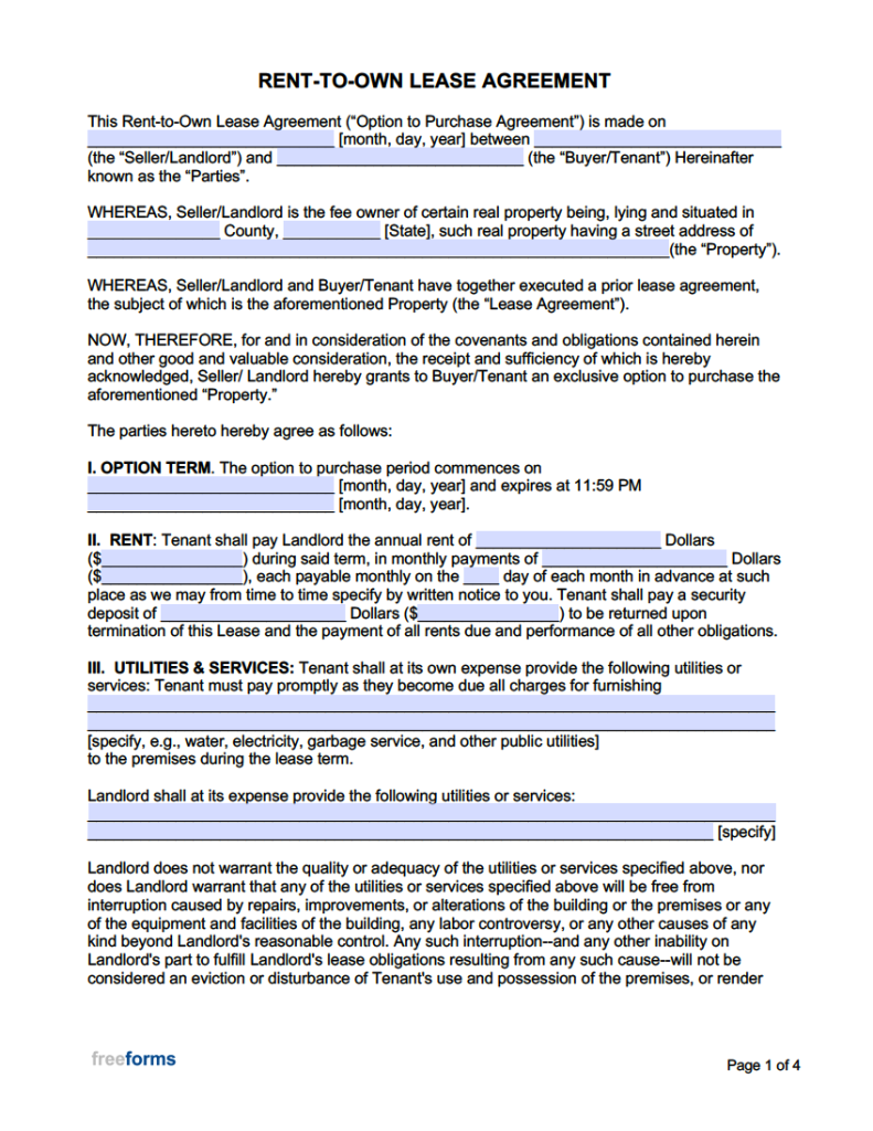 free rent to own lease agreement template pdf word