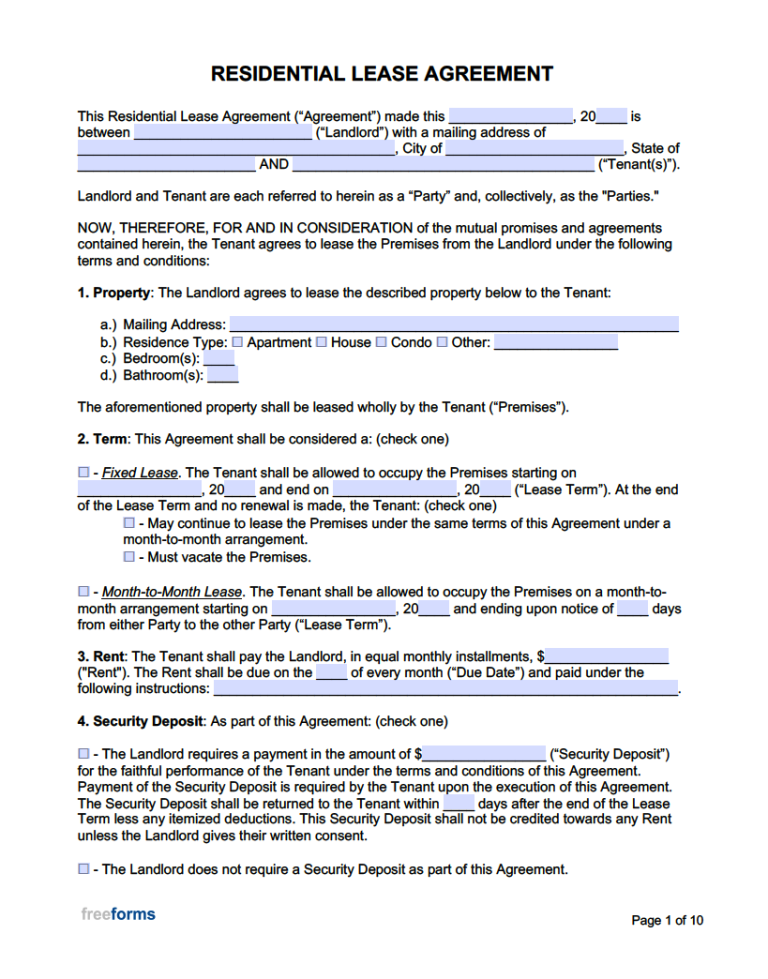 Downloadable Free Printable Lease Agreement