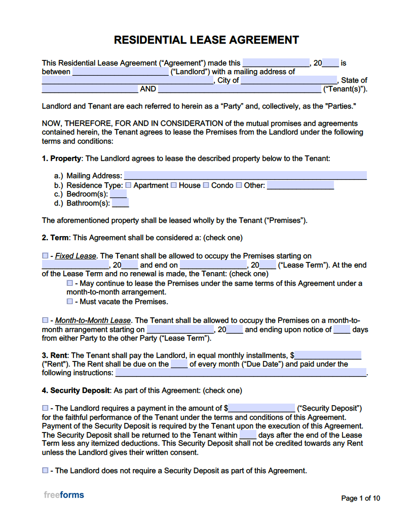 Printable Free Annual Residental Lease Agreement Template