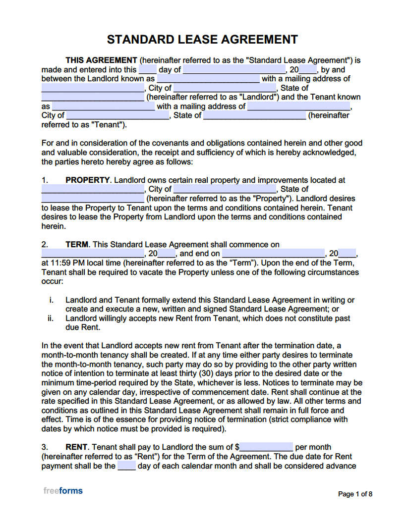 Free Printable Standard Lease Agreement Form Generic Free Standard Residential Lease Agreement