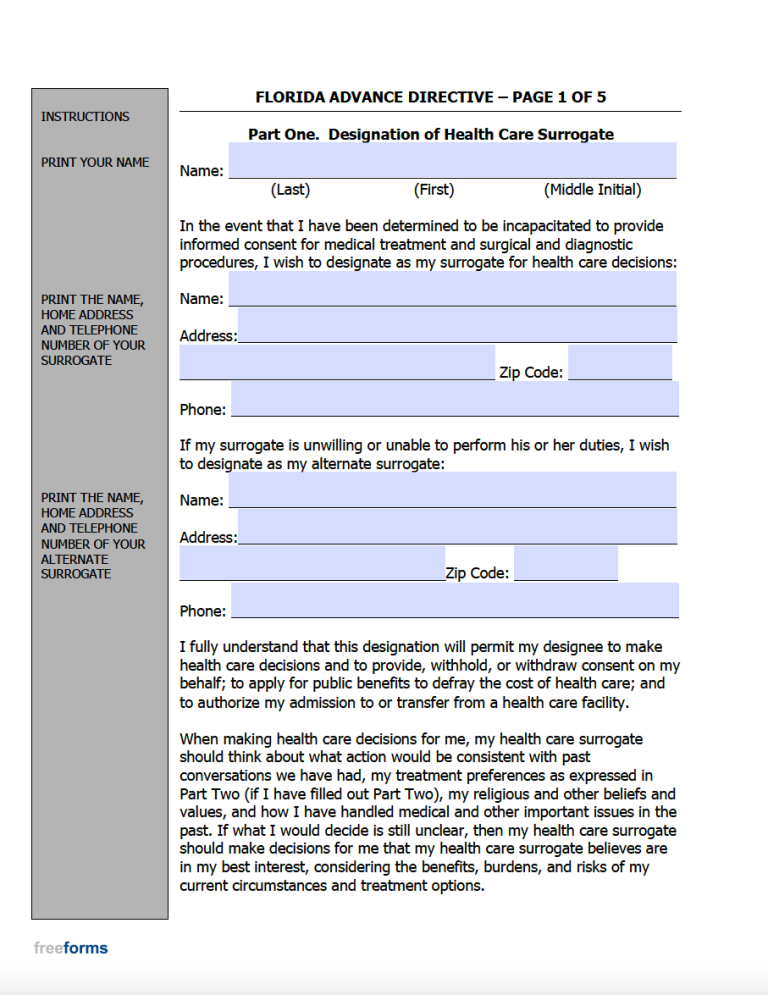 Free Florida Advance Directive Form (Medical POA & Living Will) PDF