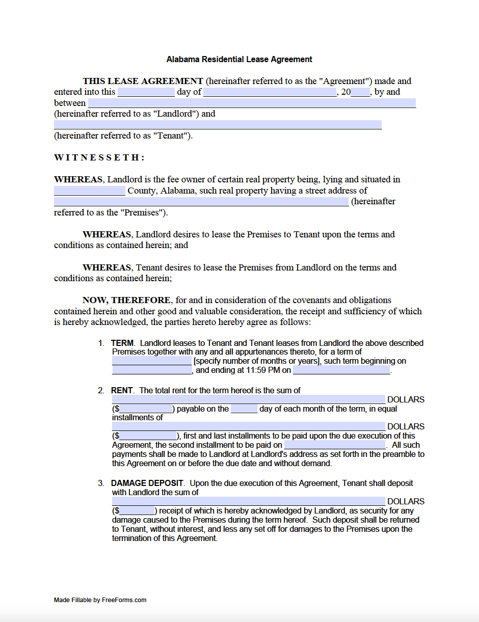 Free Printable Alabama Rental Agreement