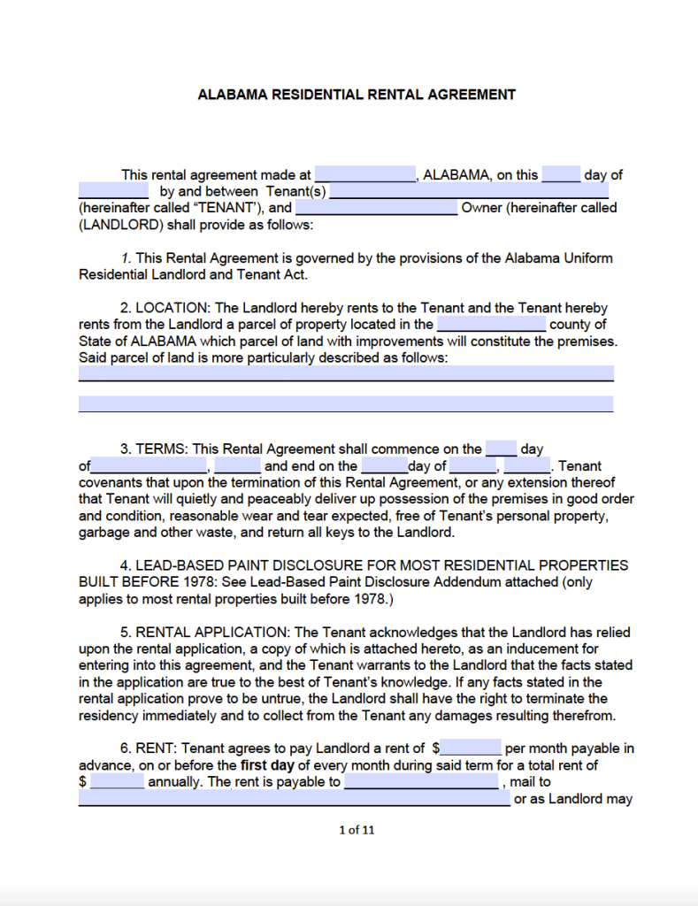 Free Alabama Standard Residential Lease Agreement Template PDF