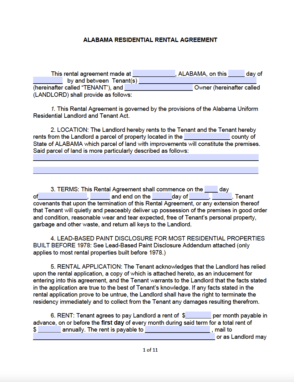 Free Alabama Standard Residential Lease Agreement Template Pdf 4483