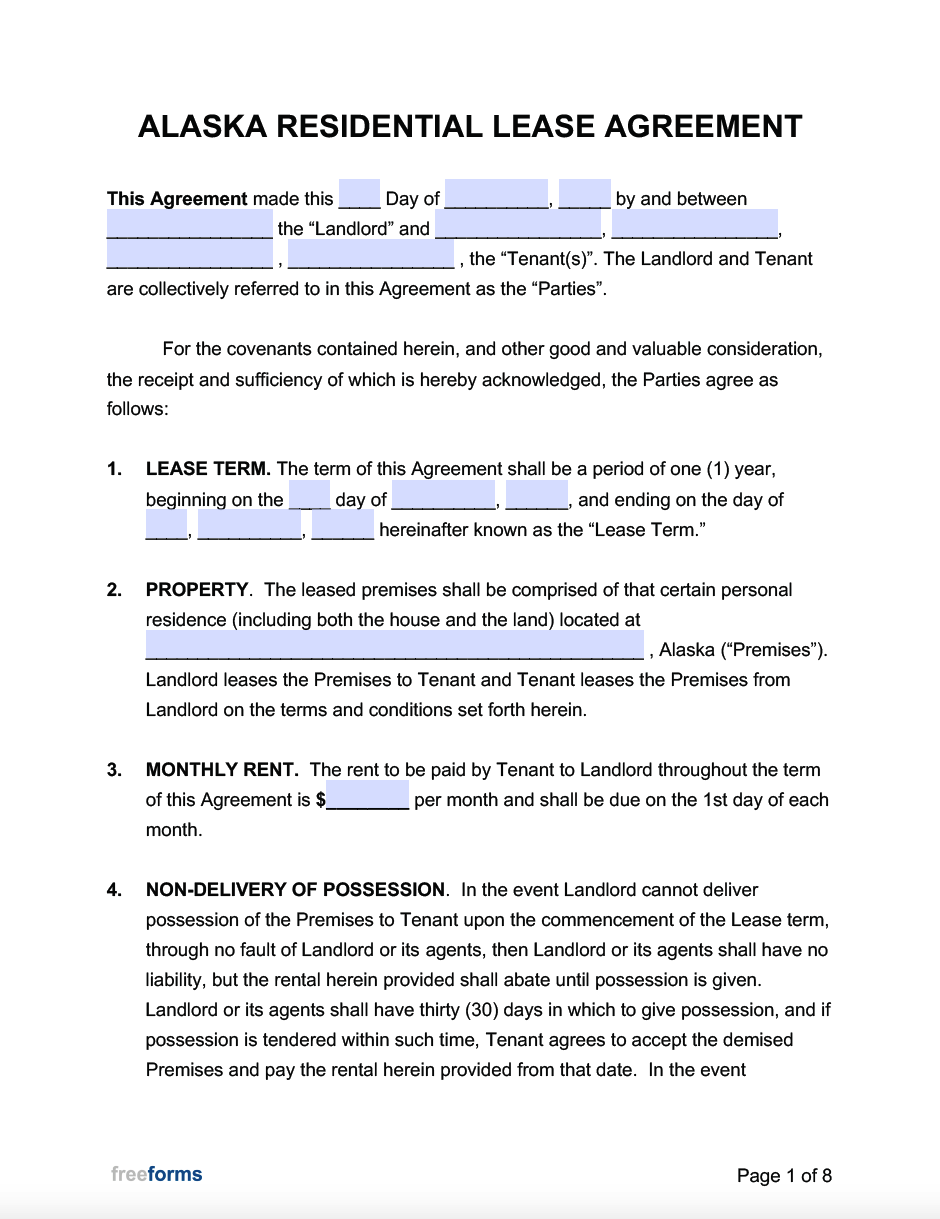 Free Alaska Standard Residential Lease Agreement Template PDF