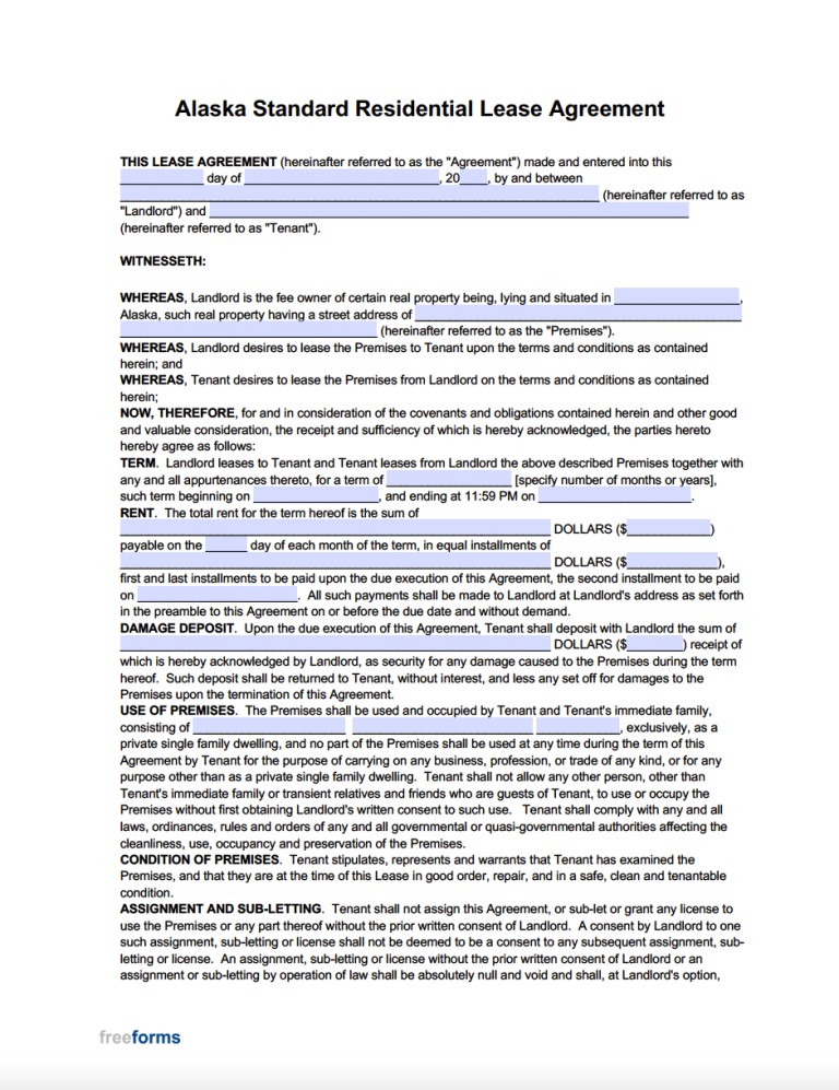 Free Alaska Standard Residential Lease Agreement Template PDF