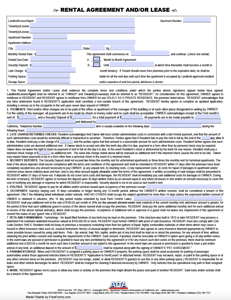 Free California Standard Residential Lease Agreement Template | PDF | WORD