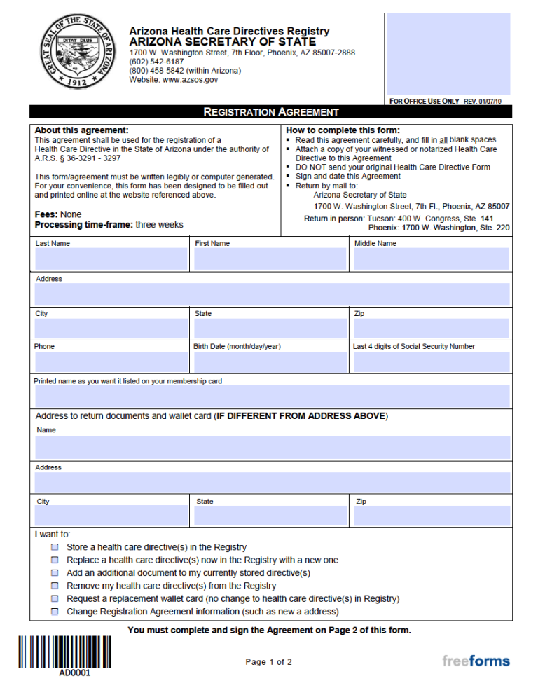 Free Arizona Advance Directive Form PDF