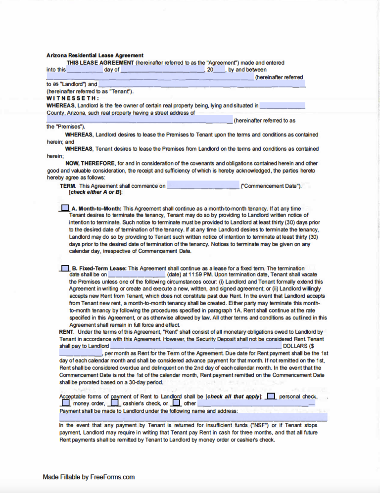 Free Arizona Standard Residential Lease Agreement Template | PDF | WORD