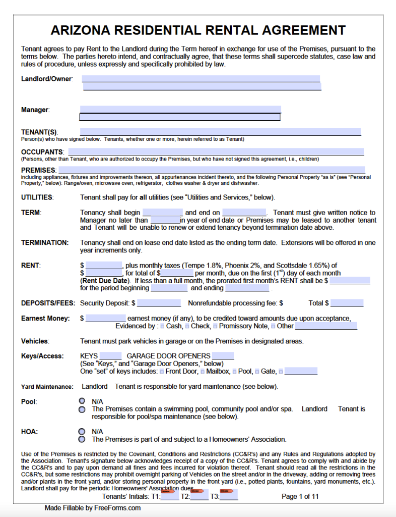 Free Arizona Standard Residential Lease Agreement Template PDF WORD