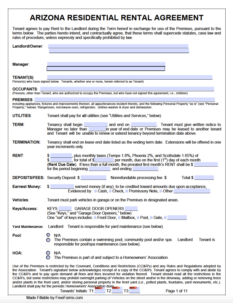 Printable Arizona Residential Lease Agreement