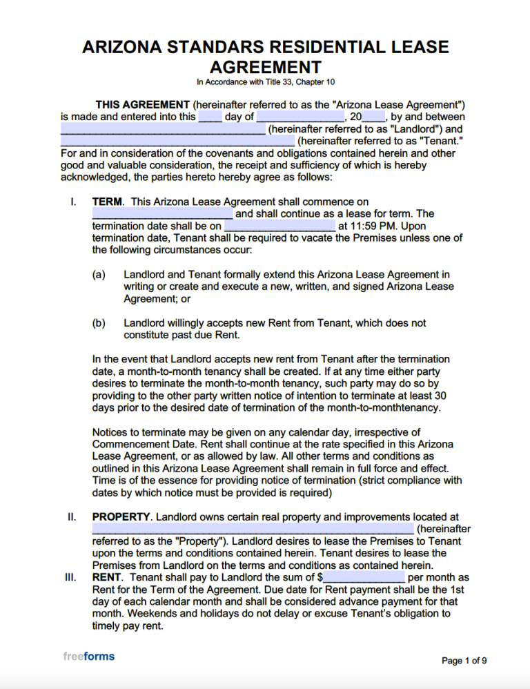 Free Arizona Standard Residential Lease Agreement Template PDF WORD