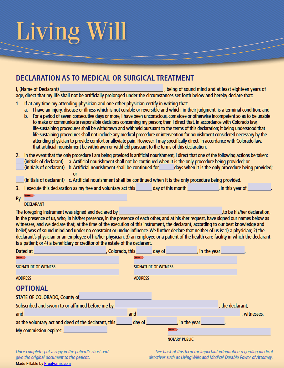 Free Colorado Living Will Form PDF