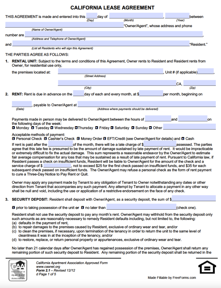 Free California Standard Residential Lease Agreement Template PDF WORD