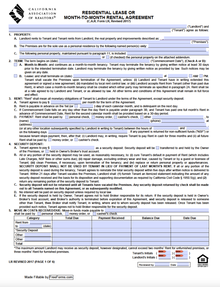 Free California Standard Residential Lease Agreement Template PDF WORD