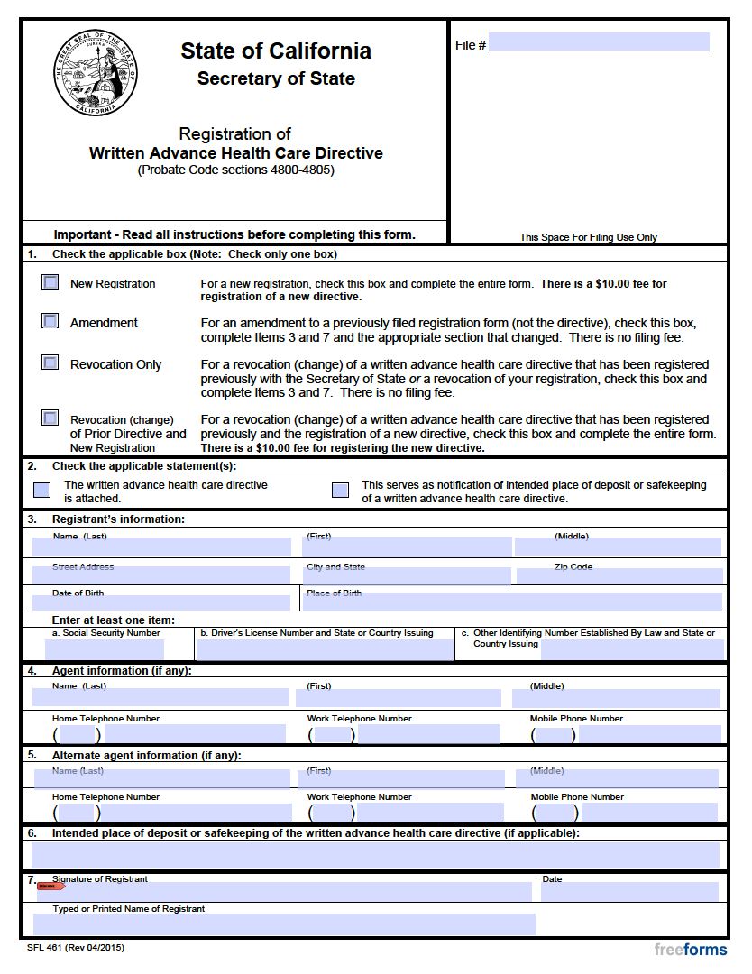 Free California Advance Directive Form (Medical POA Living Will) PDF