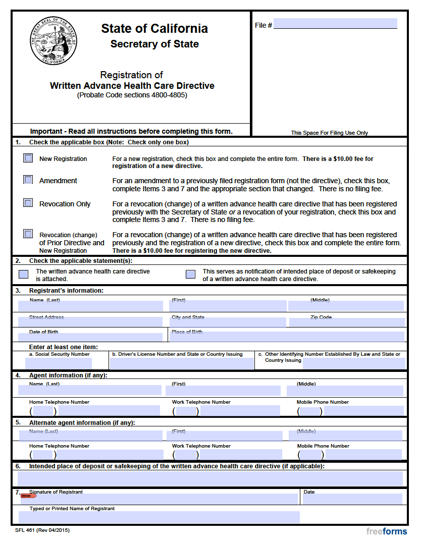 Free California Advance Directive Form Medical POA Living Will PDF   California Registration Of Written Advance Health Care Directive 