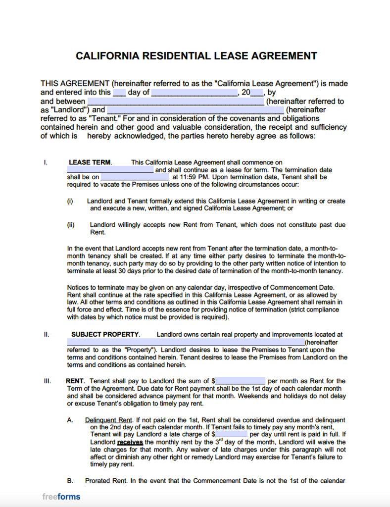 Free California Standard Residential Lease Agreement Template | PDF | WORD