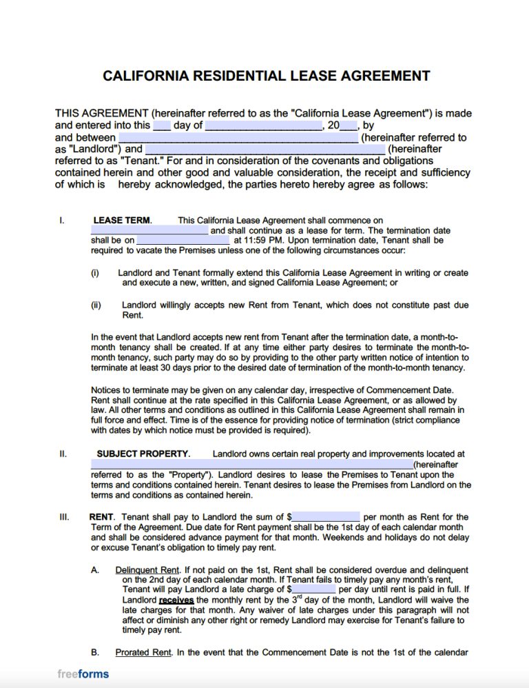 Free California Standard Residential Lease Agreement Template PDF WORD