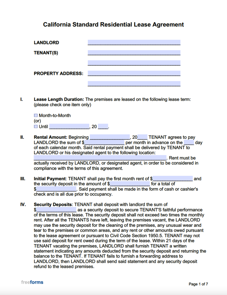 Printable California Residential Lease Agreement Fillable