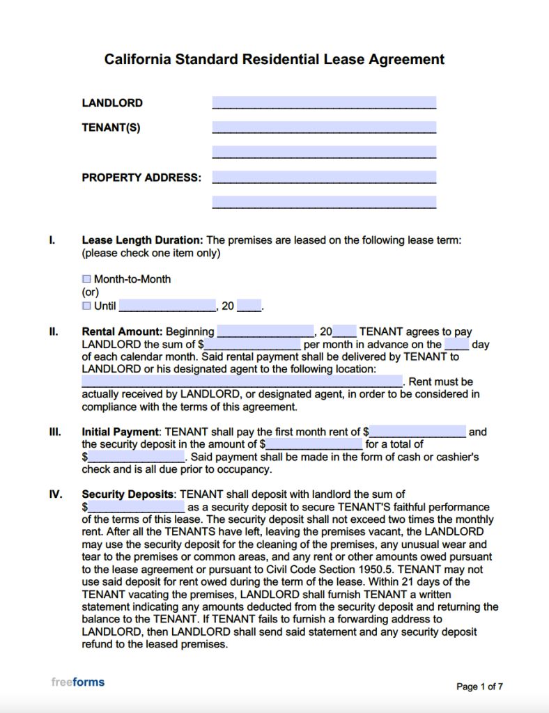 Free California Standard Residential Lease Agreement Template Word Pdf