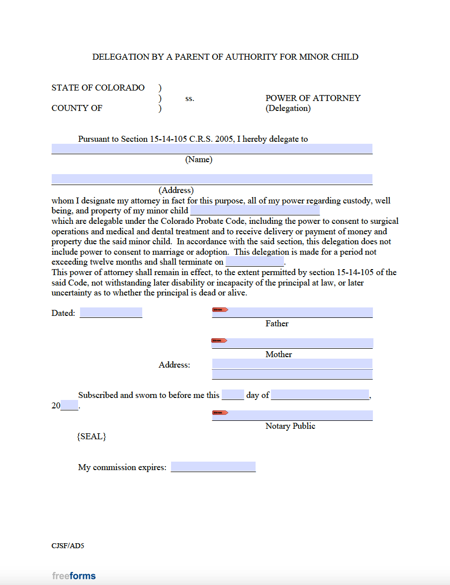 Free Colorado Minor Child Power of Attorney Form PDF WORD