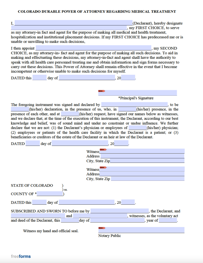 Free Colorado Medical Power Of Attorney Form PDF   Colorado Durable Power Of Attorney Regarding Medical Treatment 790x1024 