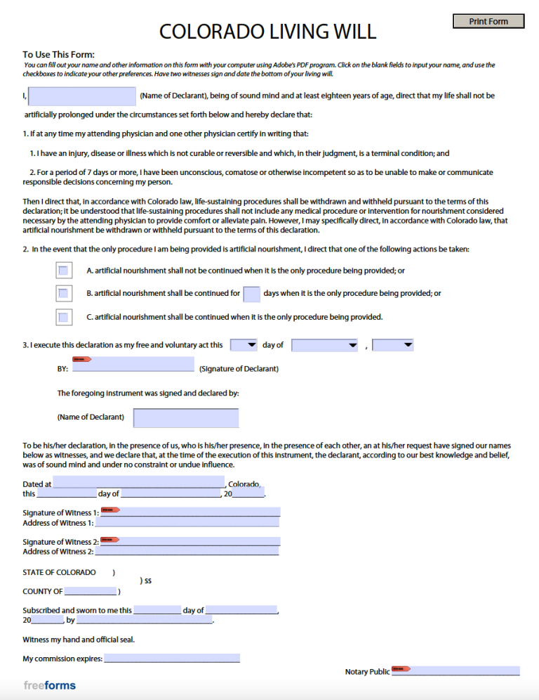 Free Colorado Living Will Form PDF