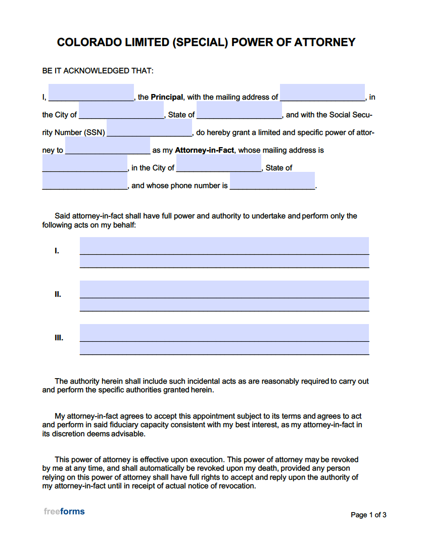 Free Colorado Limited (Special) Power of Attorney Form