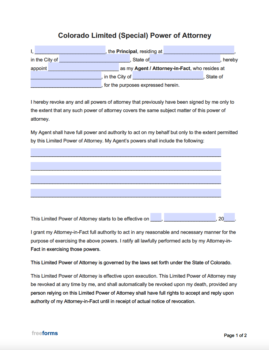 Free Colorado Limited Special Power Of Attorney Form PDF WORD