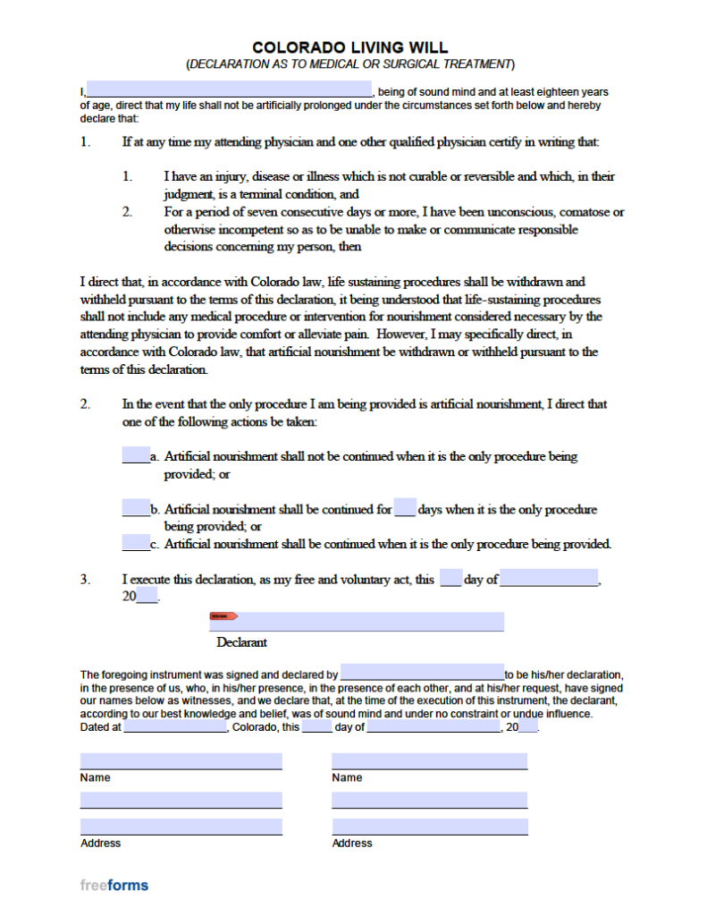 Free Colorado Advance Directive Form (Medical POA Living Will) PDF