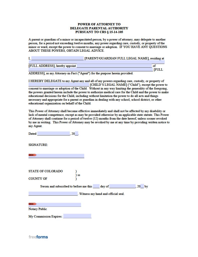 Free Colorado Minor Child Power of Attorney Form | PDF | WORD