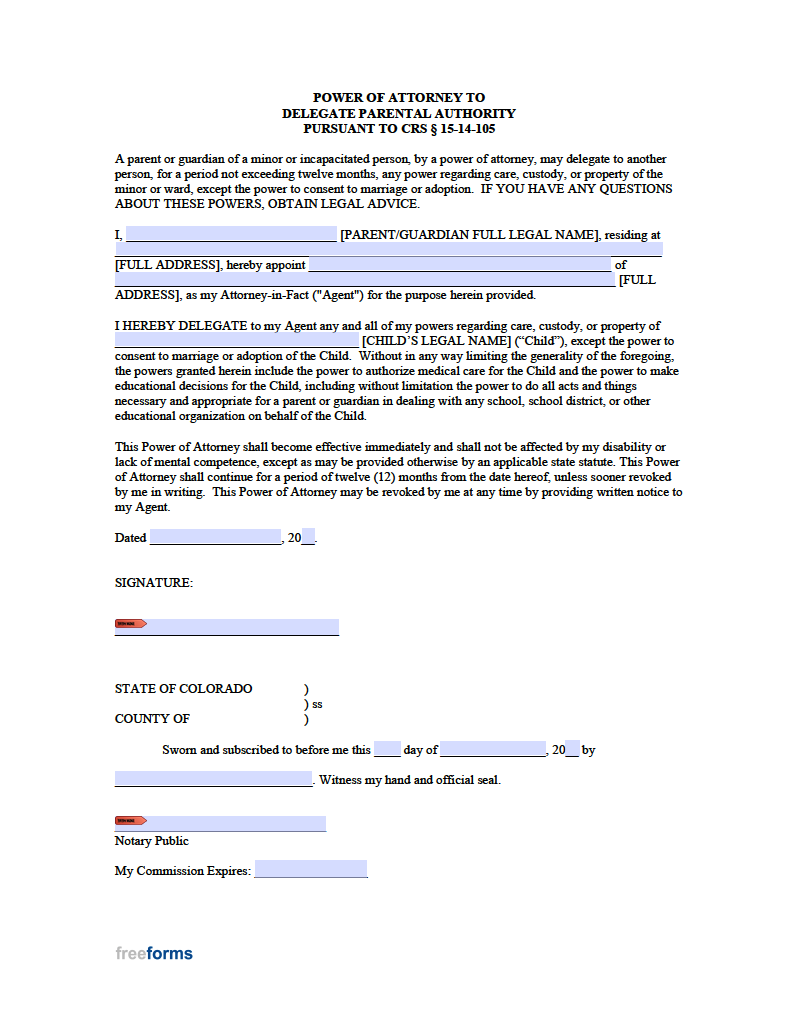 Free Colorado Minor Child Power of Attorney Form PDF WORD