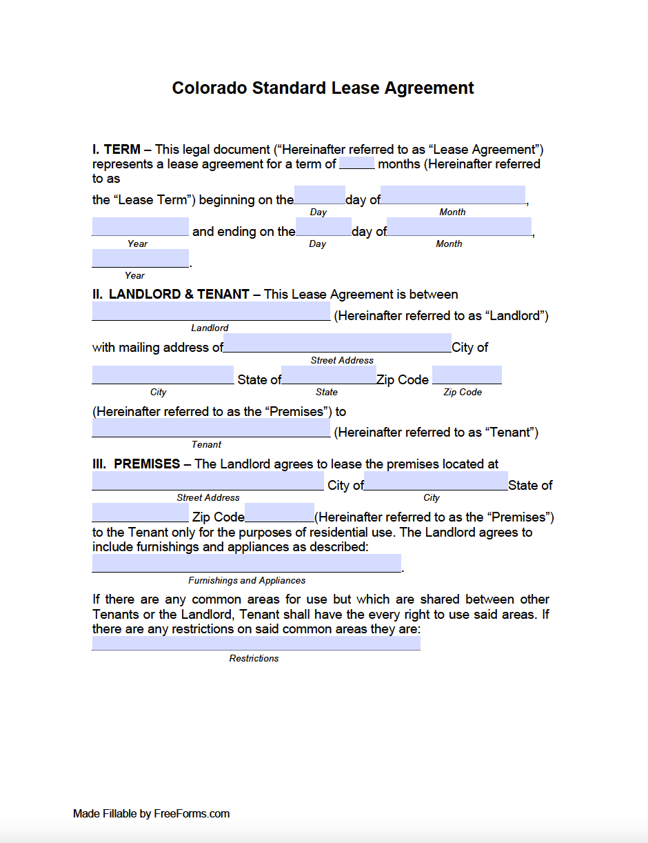 Free Colorado Standard Residential Lease Agreement Pdf Word Eforms My