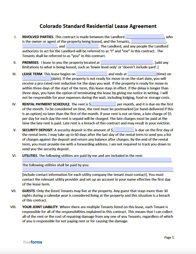 free colorado standard residential lease agreement template pdf word