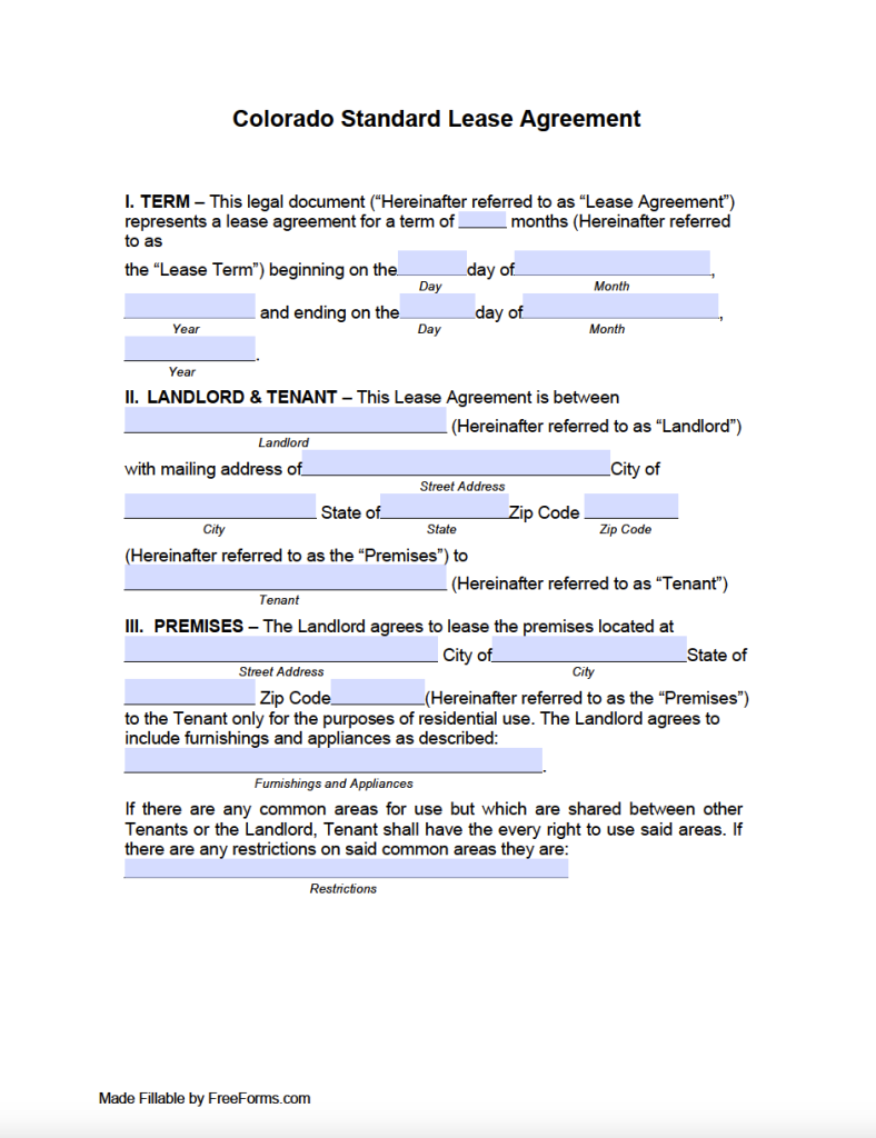 Free Colorado Standard Residential Lease Agreement Template PDF WORD