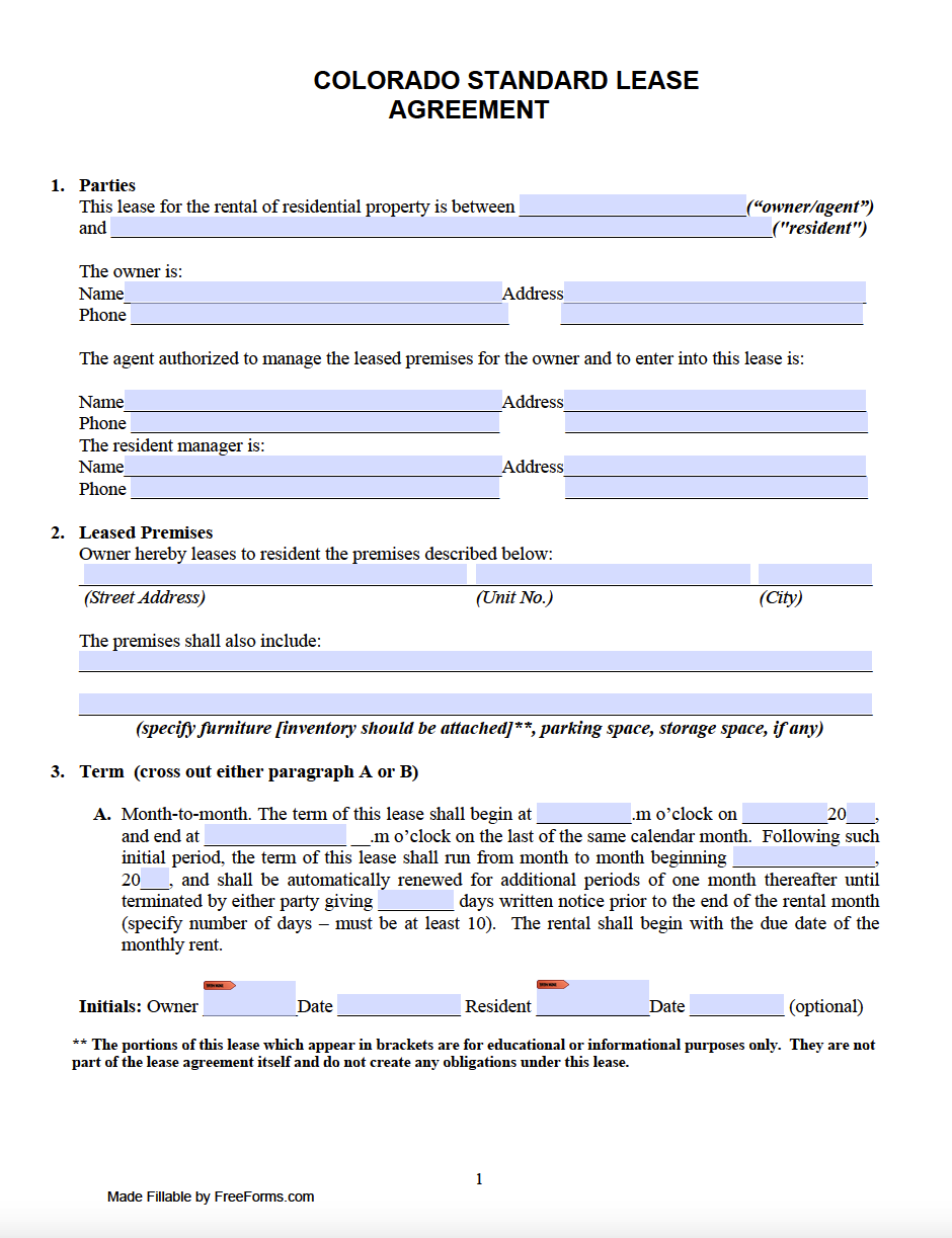 Free Colorado Lease Agreement Template Free Printable Templates