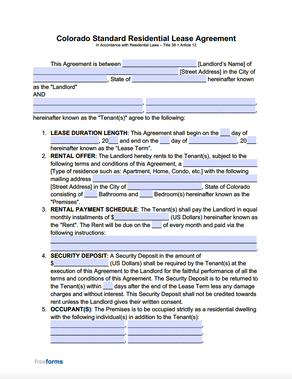 Free Colorado Standard Residential Lease Agreement Template Pdf Word
