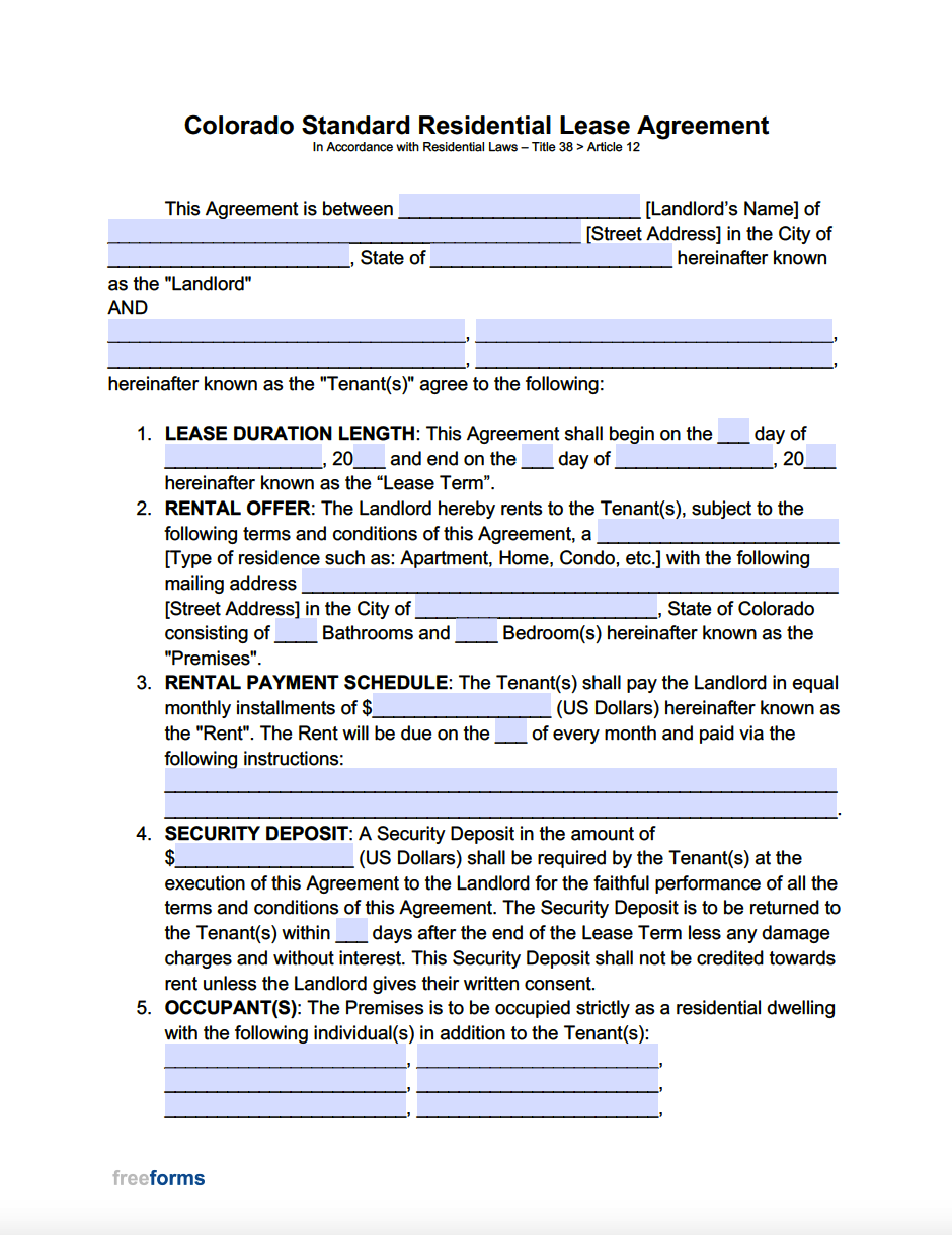 Colorado Residential Lease Agreement Form Printable Form, Templates