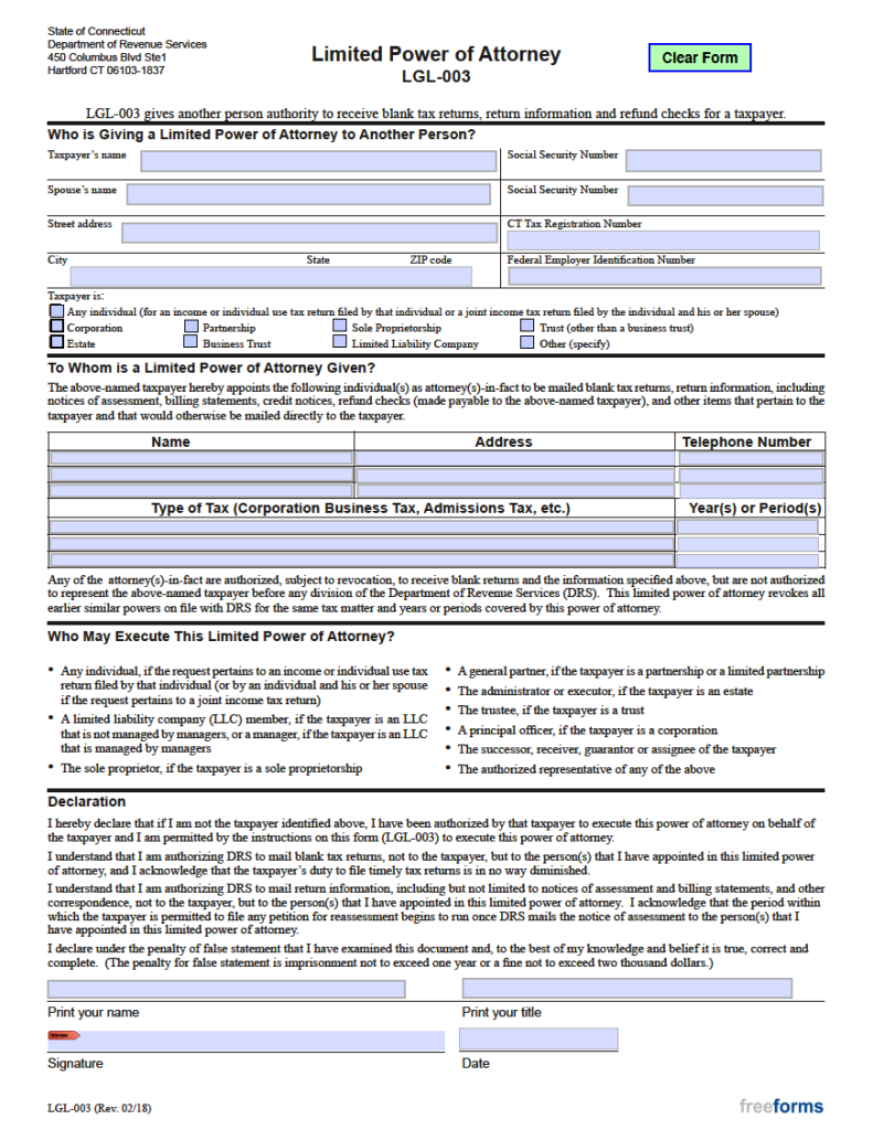 Free Connecticut Tax Power of Attorney (Form LGL001) PDF