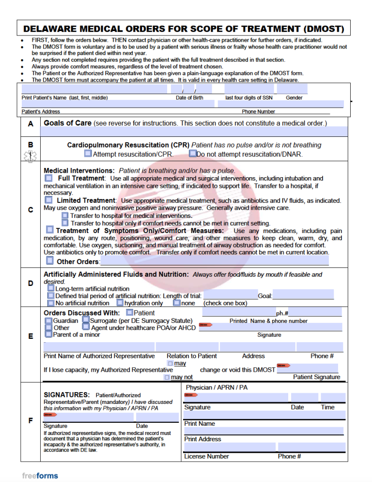 Free Delaware Advance Directive Form (Medical POA & Living Will) PDF