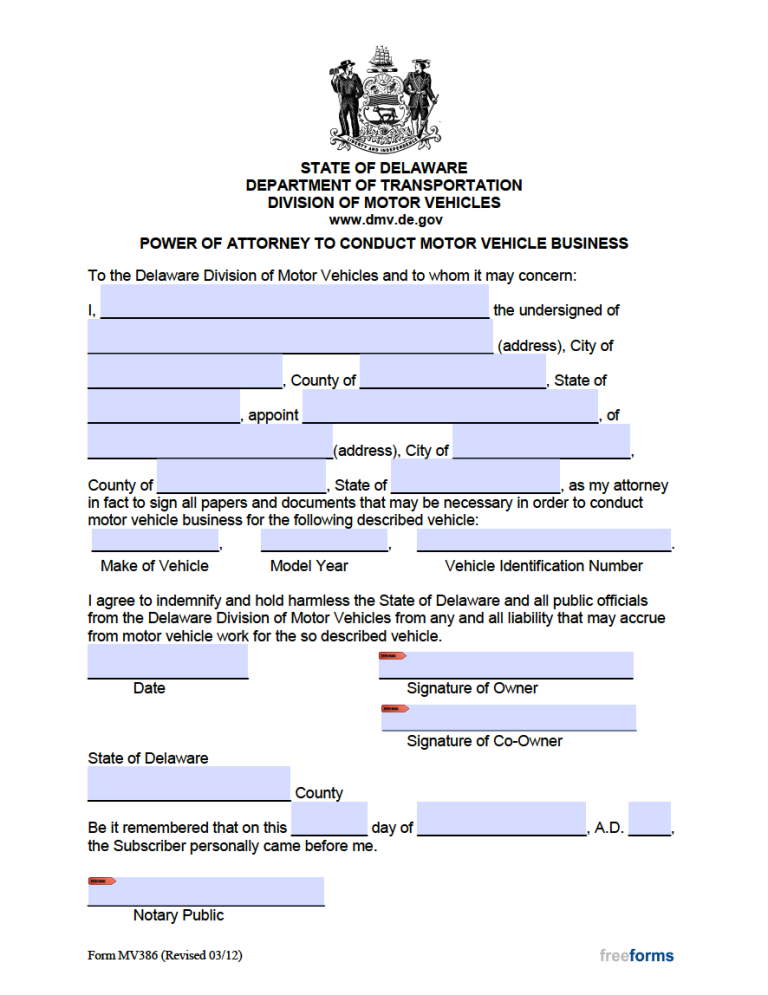 Free Delaware Motor Vehicle Power Of Attorney Form Pdf